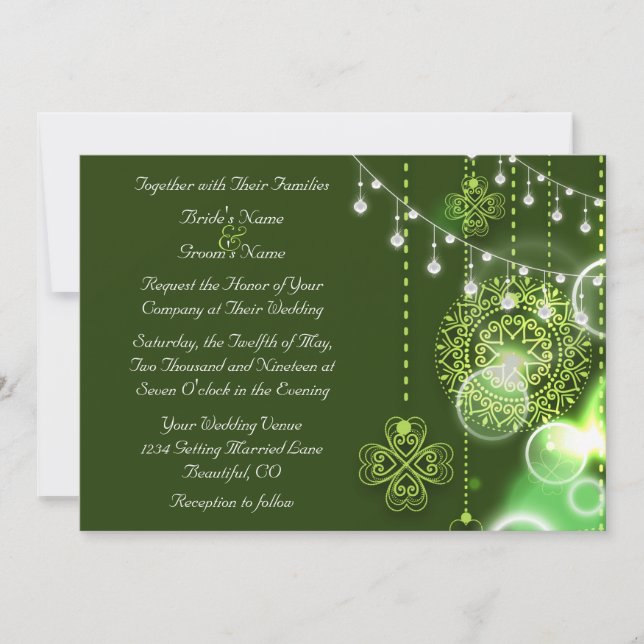 Invitation Celtic Clovers Vert et Blanc Mariage irlandais (Devant)