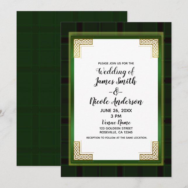 Invitation Celtic Green Plaid Tartan Blanc Irlandais Mariage (Devant / Derrière)