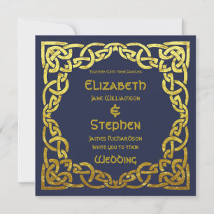 Invitation Celtic Navy Blue Nœud Celtique en Faux Or Mariag