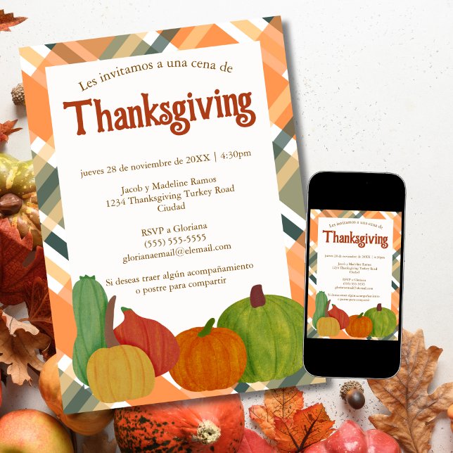 Invitation Cena espagnole de Thanksgiving Orange Autumn Plaid (Créateur téléchargé)