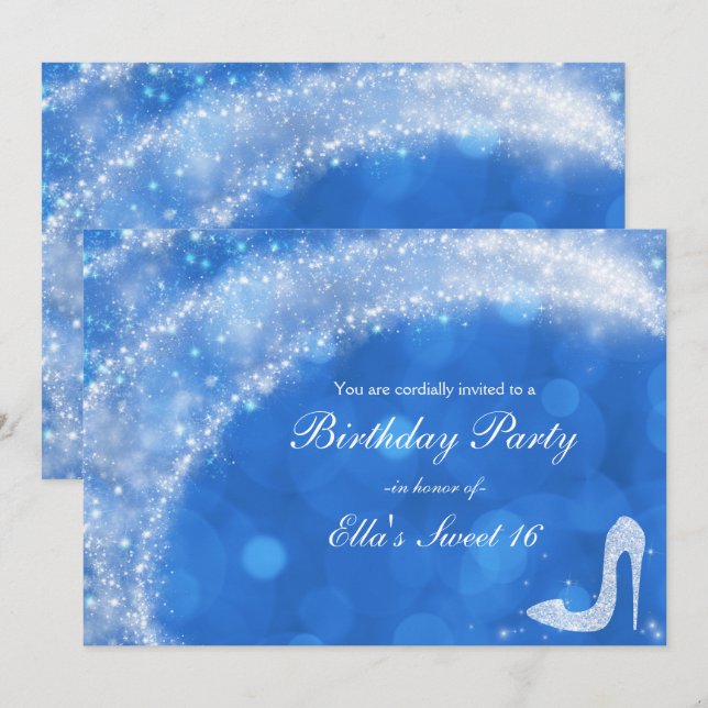 Invitation Cendrillon Bleu & Blanc Étincelle Haute Tête (Devant / Derrière)