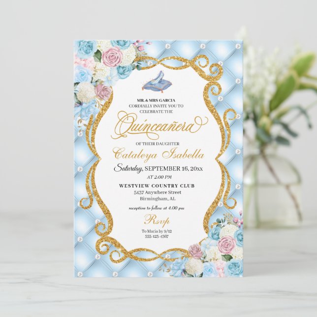 Invitation Cendrillon Bleu et rose Chaussure en verre Quincea (Debout devant)