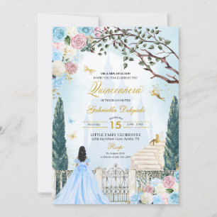Invitation Cendrillon bleu et rose Jardin magique Quinceanera