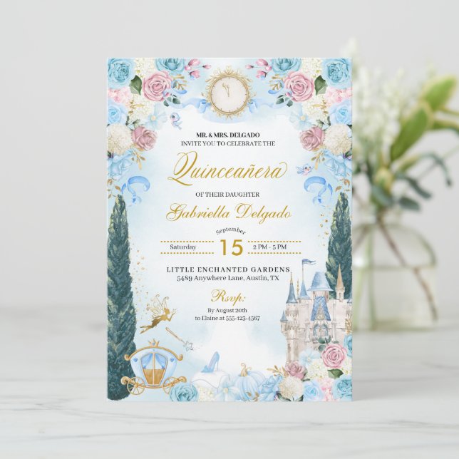 Invitation Cendrillon bleu et rose Princesse Fairy Quinceaner (Debout devant)