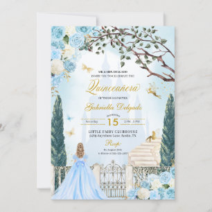 Invitation Cendrillon Bleu Jardin enchanté Quinceanera