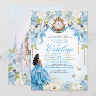 Invitation Cendrillon Bleu Or Élégante Princesse Quinceanera