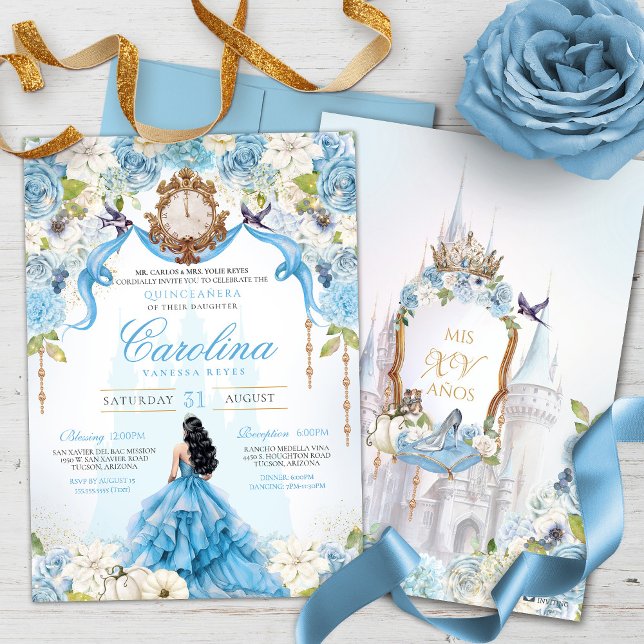 Invitation Cendrillon Bleu Rose Luxe Princesse Quinceanera (Créateur téléchargé)