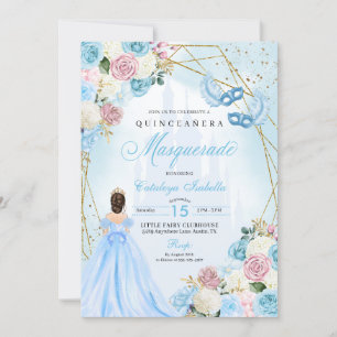 Invitation Cendrillon bleu rose pâle Masquerade Quinceanera