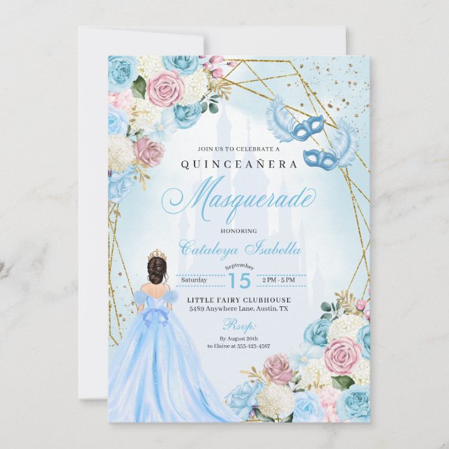 Invitation Cendrillon bleu rose pâle Masquerade Quinceanera (Devant)