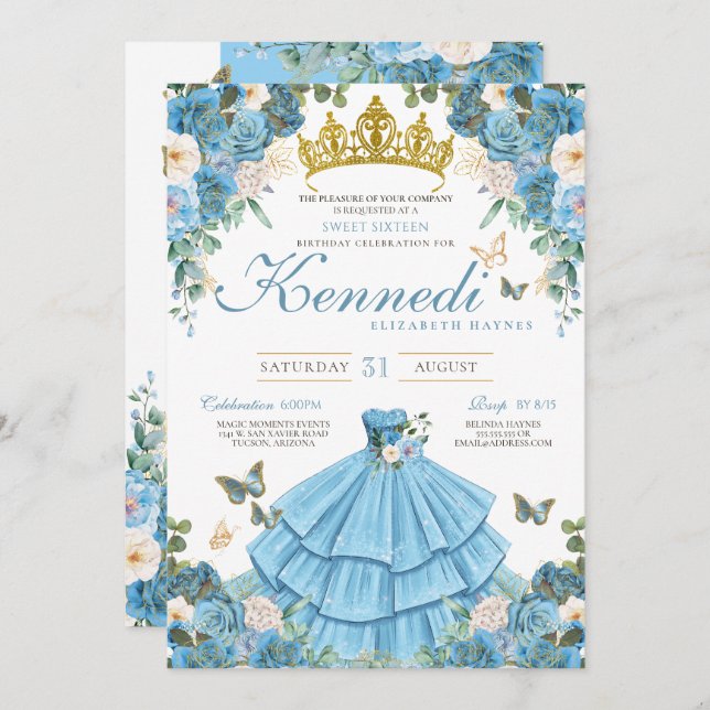 Invitation Cendrillon bleu Rose papillon Princesse Sweet 16 (Devant / Derrière)