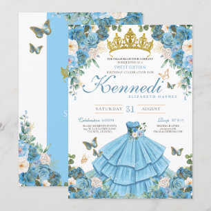 Invitation Cendrillon bleu Rose papillon Princesse Sweet 16