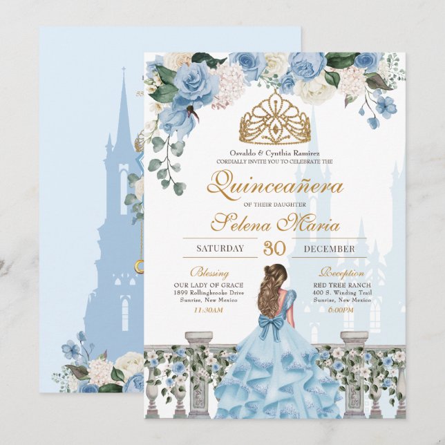 Invitation Cendrillon Bleu Roses & Or Princesse Quinceañera (Devant / Derrière)