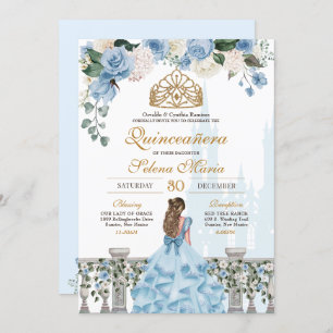 Invitation Cendrillon Bleu Roses & Or Princesse Quinceañera
