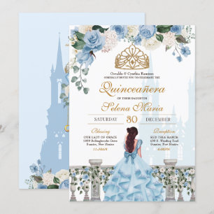 Invitation Cendrillon Bleu Roses & Or Princesse Quinceañera