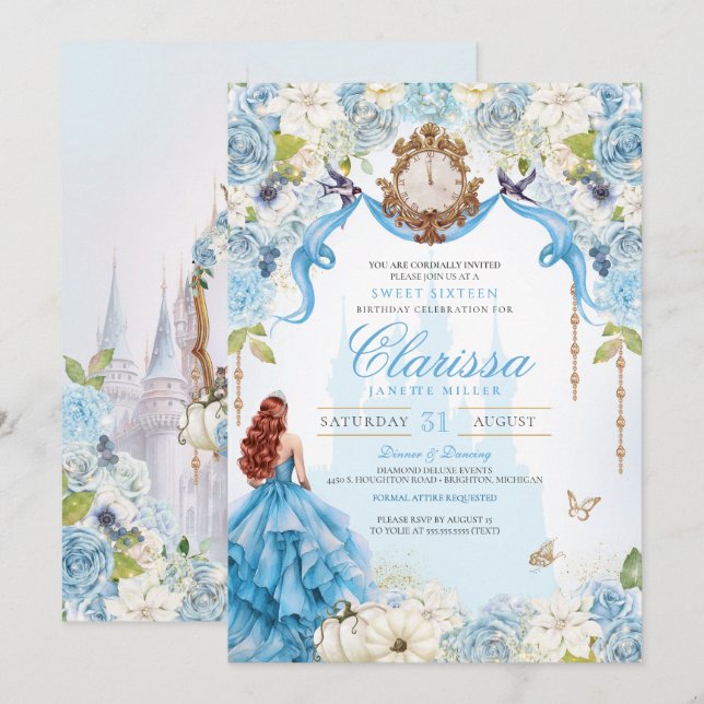 Invitation Cendrillon Bleu Royal Sweet 16 Princesse Anniversa (Devant / Derrière)
