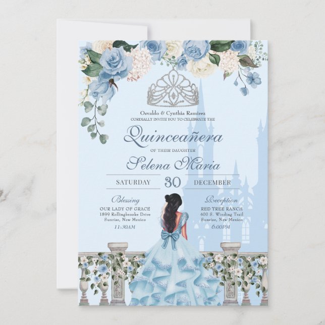 Invitation Cendrillon Bleue Argent Royal Princesse Quinceaner (Devant)