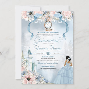 Invitation Cendrillon Fairy Tale Bleu rose Floral Quinceanera
