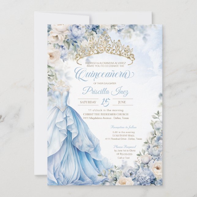 Invitation Cendrillon Princesse Bleu clair Or Quinceañera (Devant)