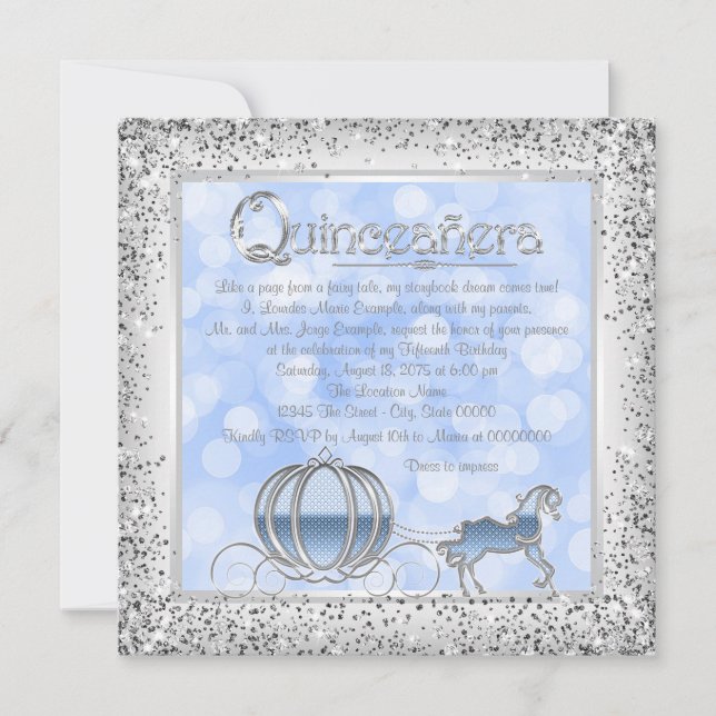 Invitation Cendrillon Princesse Quinceanera Argent Bleu (Devant)