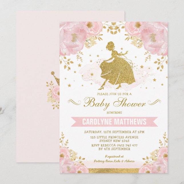 Invitation Cendrillon rose Floral Princess Girl Baby shower (Devant / Derrière)