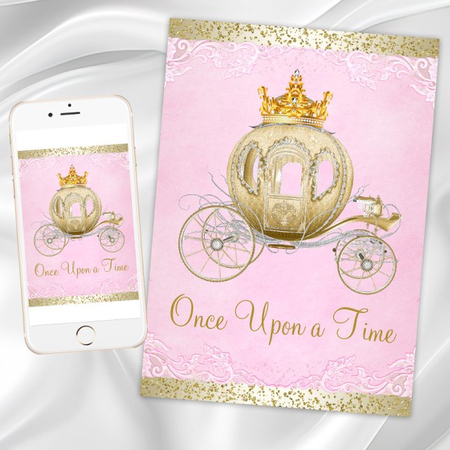 Invitation Cendrillon rose Il était une fois Princesse Annive (Pink gold princess birthday party invitation with gold carriage on pink gold back. Any event.)
