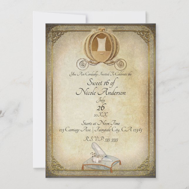 Invitation Cendrillon vintage & Chaussure Sweet 16 (Devant)
