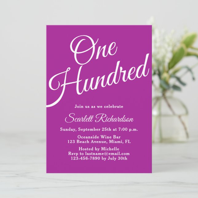 Invitation Cent Script rose foncé 100e anniversaire (Debout devant)