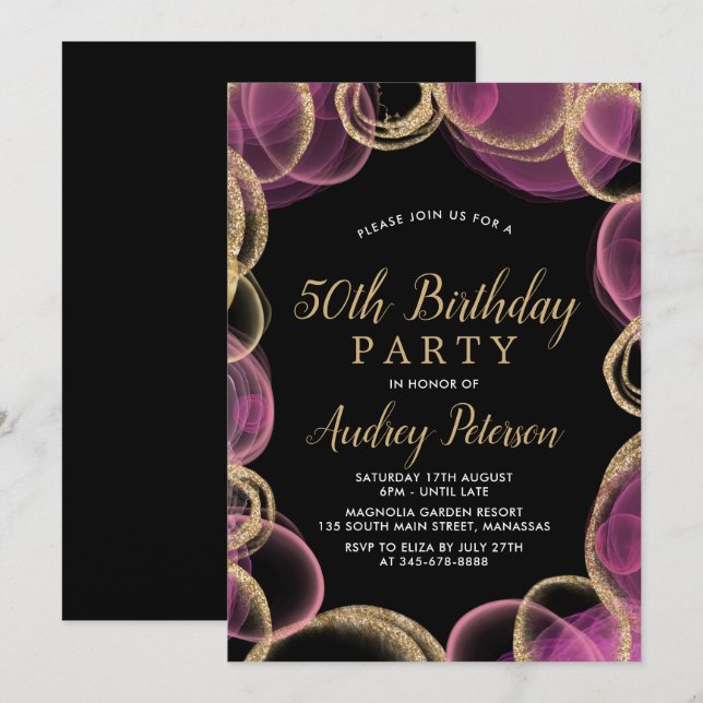 Invitation Cercle rose et or moderne Noir 50e anniversaire (Devant / Derrière)
