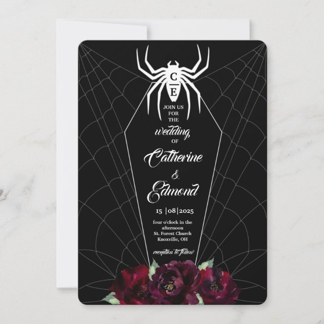 Invitation Cercueil Toile d'Araignée Noir Blanc Hallowedding (Devant)