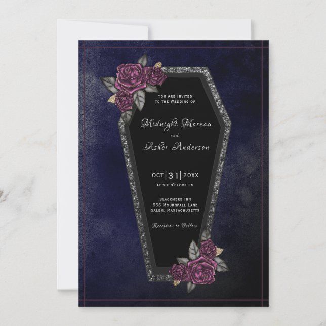 Invitation Cercueils Roses Éclat Bleu Nuit Mariage Halloween  (Devant)
