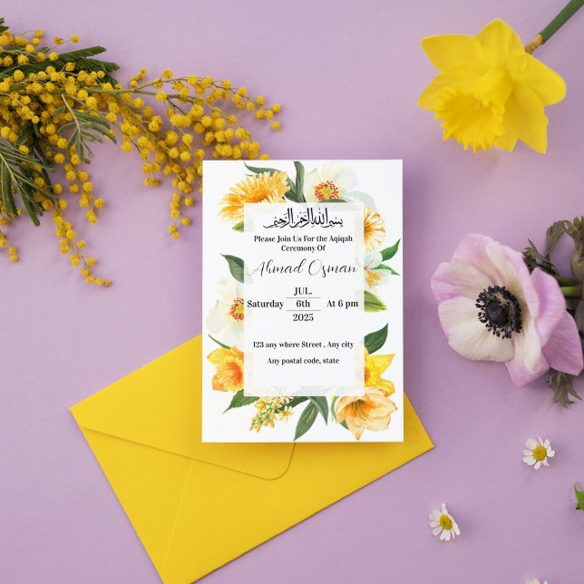 Invitation Cérémonie d'Aqiqah Jaune Fleur Jaune (Créateur téléchargé)