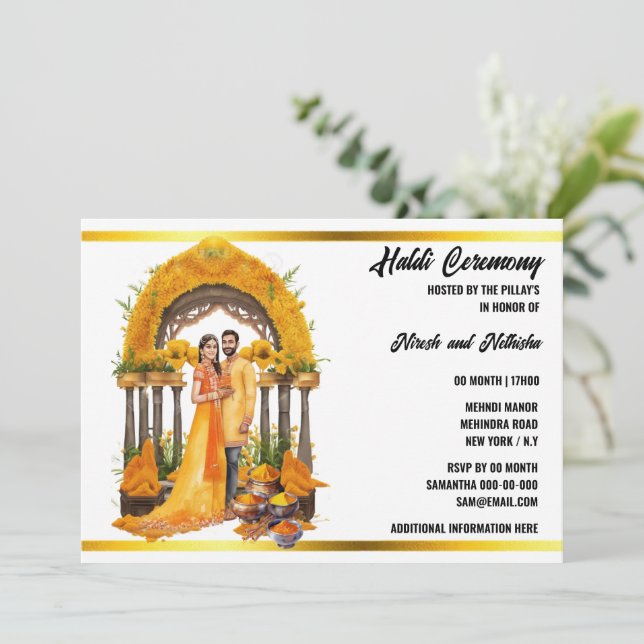 Invitation Cérémonie d'aquarelle indienne haldi turmerique fl (Debout devant)