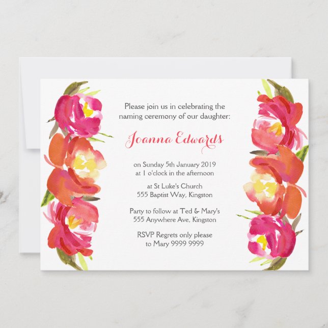 Invitation Cérémonie d'attribution de noms florale aquarelle  (Devant)