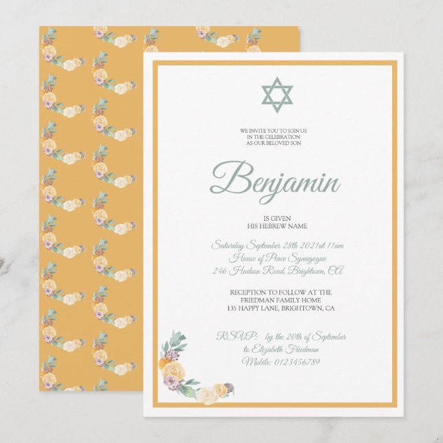 Invitation Cérémonie d'attribution de noms Jewish Baby Boy In (Devant / Derrière)