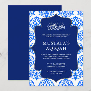 Invitation Cérémonie de Aqiqah en Damas bleu et blanc Islamiq