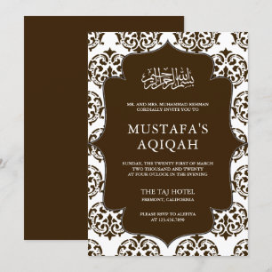 Invitation Cérémonie de Aqiqah en Damas Rouge Brun et Blanc I