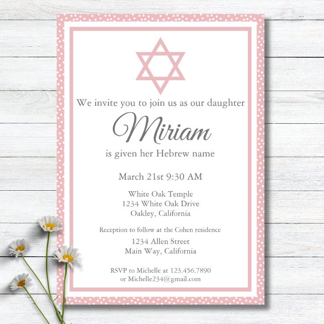 Invitation Cérémonie de baptême de bébé juif rose Simchat Bat (Créateur téléchargé)