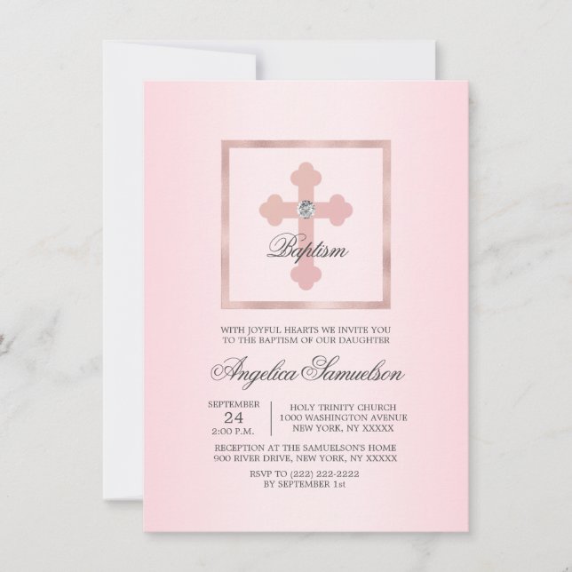 Invitation Cérémonie de baptême de la Croix rose (Devant)