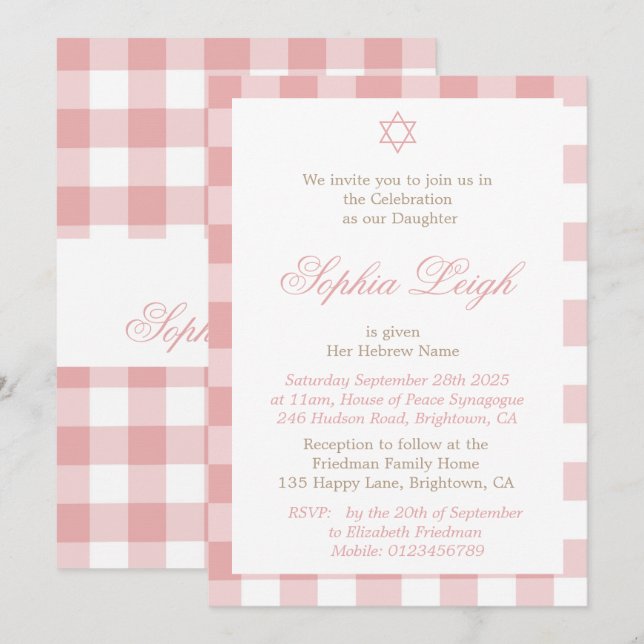 Invitation Cérémonie de baptême de la petite fille Hébreu jui (Devant / Derrière)