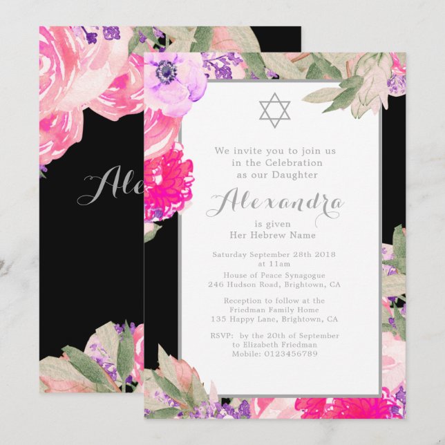 Invitation Cérémonie de baptême pour bébé hébreu floral éléga (Devant / Derrière)