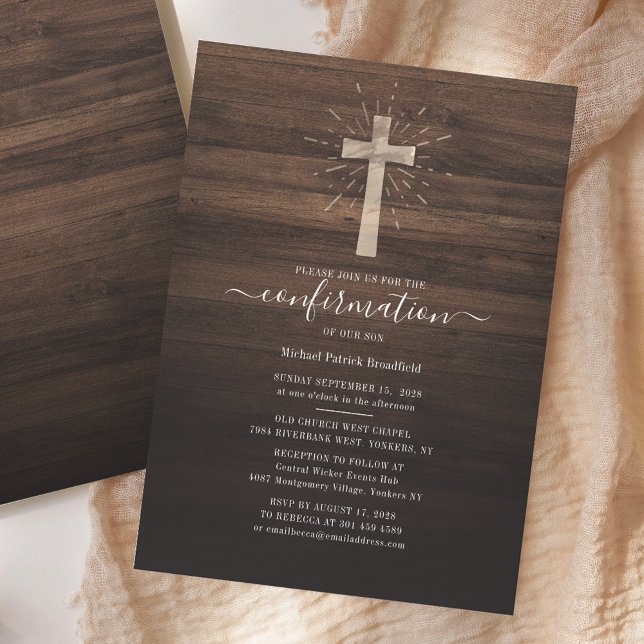 Invitation Cérémonie de confirmation Church Cross Rustic Wood (Rustic Wood Background Script Confirmation Invitation)
