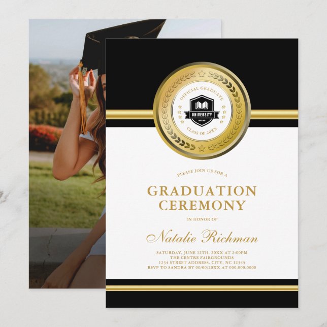 Invitation Cérémonie de graduation officielle Black & Gold Ph (Devant / Derrière)