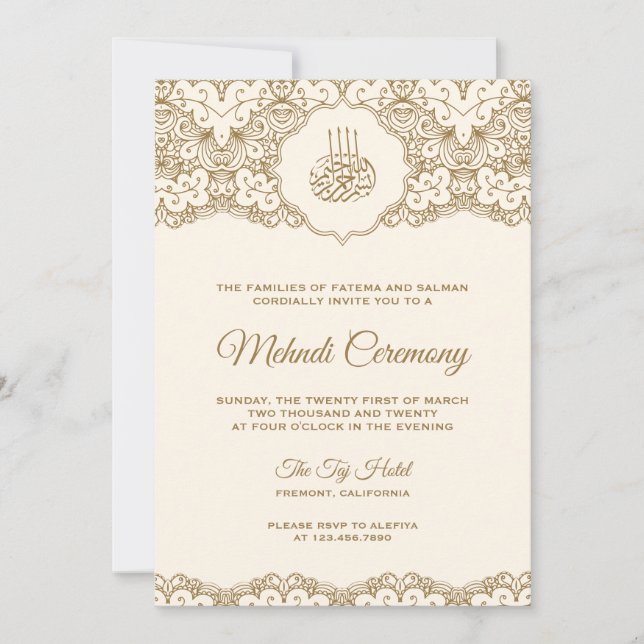 Invitation Cérémonie de la crème et de la dentelle d'or islam (Devant)