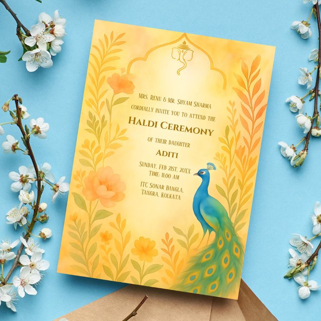 Invitation Cérémonie de la mariée indienne Haldi Peacock Flor (Créateur téléchargé)