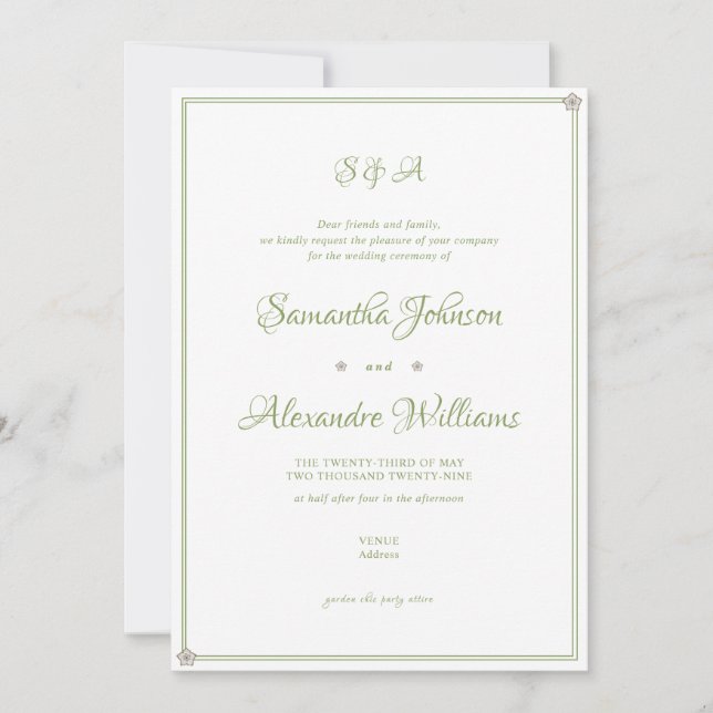Invitation Cérémonie de mariage dans le jardin vert Script mi (Devant)