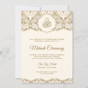 Invitation Cérémonie de Mehndi de dentelle crème et or islami