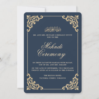 Invitation Cérémonie de Mehndi Henna Bleu Nuit Baroque Vintag