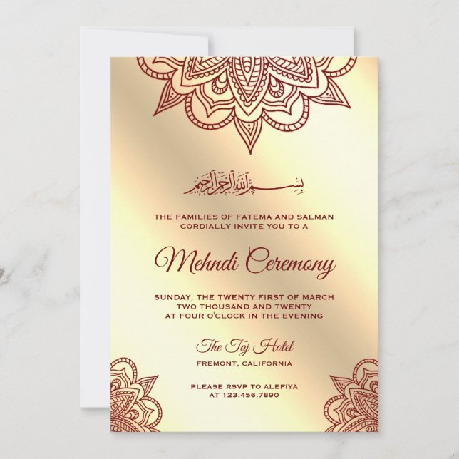 Invitation Cérémonie de Mehndi islamique musulmane de Bourgog (Devant)