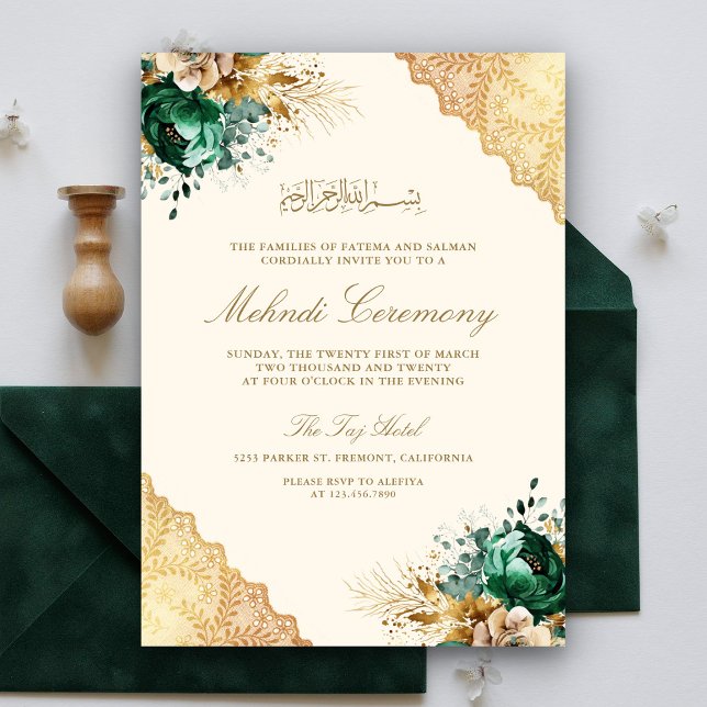 Invitation Cérémonie de Mehndi Musulmane de dentelle d'or Eme (Créateur téléchargé)