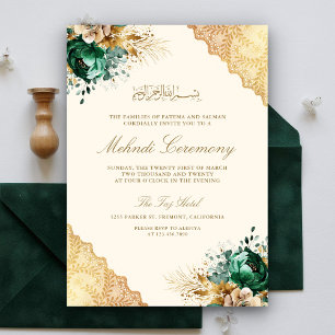 Invitation Cérémonie de Mehndi musulmane en dentelle dorée fl